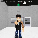 Roblox avatar with tattoos and sunglasses pointing a gun directly at the camera.
