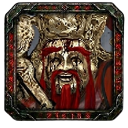 Avarice from Diablo with a golden face and red beard grinning greedily.