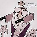 A panicked chess king with wide eyes holding two large meat cleavers in its hands.