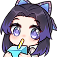Shinobu Kocho with purple hair and butterfly hair accessories sipping from a blue juice box.