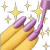 A hand with long purple fingernails performing a snapping gesture surrounded by yellow sparkles.