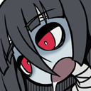 Zombie girl with gray skin and red eyes drooling with a chaotic expression.