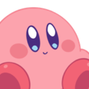 Kirby sitting with a happy expression and round pink body.