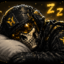 A skeleton wearing a tactical helmet and gear sleeping on a pillow with Zz symbols floating above.