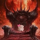 A tiny white kitten with a pink bow sits on a large, spiked black throne against a fiery red background.