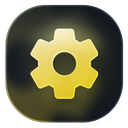 A golden gear icon centered on a dark rounded square background.