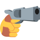 A stylized yellow hand pointing a gray pistol directly forward.