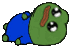 A cartoon green frog in a blue shirt progressively melting into a yellow puddle.