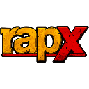 RapX logo text in distressed orange and red font on a black background.