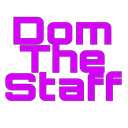 Text reading Dom The Staff in a bright purple pixelated font on a black background.