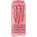 Pink Monster Energy drink can standing upright.