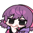 Anime girl with purple hair and sunglasses resting her chin on her hand with a smug, suspicious expression.