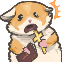 A panicked hamster holding a golden cross and a book with a terrified expression.