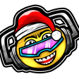 A yellow smiley face wearing a red Santa hat and pink-tinted futuristic sunglasses with black headphones.