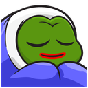 Pepe the Frog with closed eyes wrapped in a blue blanket looking peaceful.