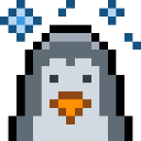 A pixel-art penguin with an orange beak surrounded by blue sparkling stars.