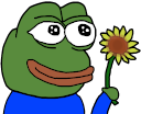 Pepe the Frog holding a yellow sunflower with a gentle smile.