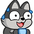 A cartoon wolf with wide eyes and sweat drops on its forehead, smiling nervously while holding a blue cup.