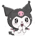 Kuromi with a black hood and pink skull emblem, smiling widely with hands pressed together in excitement.