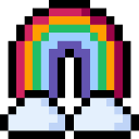 Rainbow with fluffy clouds at the base rendered in a colorful pixel art style.