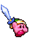 Kirby wearing a green hat and holding a sword in a pixelated animation style.