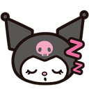 Kuromi with a black hood and pink skull crying with large blue tears.