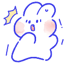 A small white bunny with pink cheeks looking surprised and startled with a blue outline.