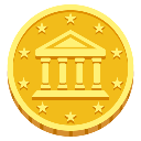 A golden coin featuring a bank building icon surrounded by eight stars.