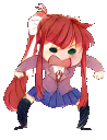 Monika from Doki Doki Literature Club in a chibi style, standing in a wide stance and screaming in a fit of rage.