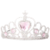 A sparkling silver tiara with pink heart-shaped gems.