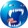Blue sphere with a wide open mouth filled with sharp teeth and a small brown tongue.