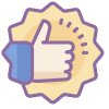 Hand giving a thumbs up gesture inside a yellow starburst badge with a purple outline.