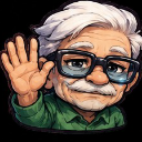 An elderly man with white hair and glasses waving his hand in a friendly gesture.