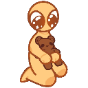 A small round character with large glossy eyes kneeling while hugging a brown teddy bear.