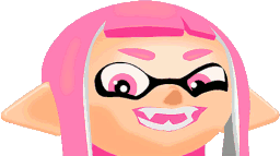 Four pixelated Inkling faces in pink, red, blue, and cyan with mischievous, toothy grins.