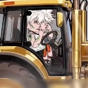 Anime character sitting in the driver seat of a yellow tractor with a mischievous expression.