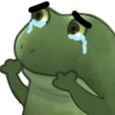 A green frog with large, teary eyes looking up in a state of distress and worry.