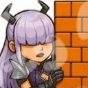 Anime girl with purple hair and horns peeking from behind an orange brick wall.