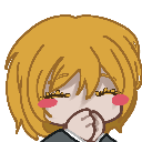 Blonde anime character with blushing cheeks holding hands together in a prayer gesture.