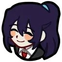 Anime girl with dark hair smiling with her eyes closed.