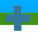 Flag with blue, green, and white horizontal stripes and a gray cross centered.