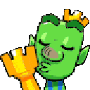 A green goblin with a crown kisses a golden trophy with a smug expression.