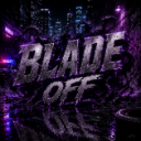 Text reading BLADE OFF in a metallic, gritty font against a dark, purple-lit urban background.