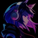Anime girl wearing large headphones with purple and blue lighting in a dark setting.