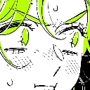Anime girl face with neon green hair and eyes looking panicked and sweating profusely.