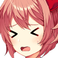 Sayori from Doki Doki Literature Club with eyes closed in a panicked, stressed expression.