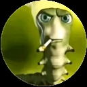 A green 3D centipede with an intense expression smoking a cigarette.