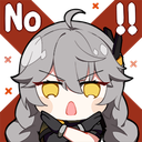 Anime girl with gray hair making an X gesture with her arms and a stern expression.