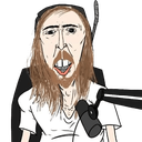 Asmongold with long hair and a beard screaming into a microphone.