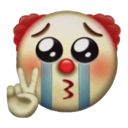 A clown emoji with crying eyes, a red nose, and a hand making a peace sign gesture.